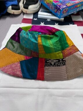 Vintage Fleurs Natural Silk Patchwork Bucket Hat Colorful Boho Festival India